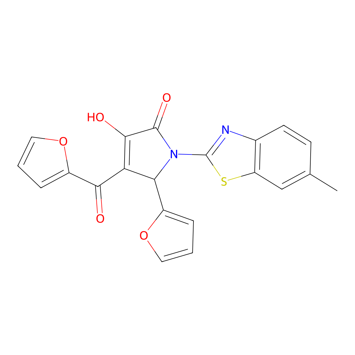 4-(furan-2-carbonyl)-5-(furan-2-yl)-3-hydroxy-1-(6-methyl-1,3-benzothiazol-2-yl)-2,5-dihydro-1H-pyrrol-2-one molecular structure, CAS 608114-57-4