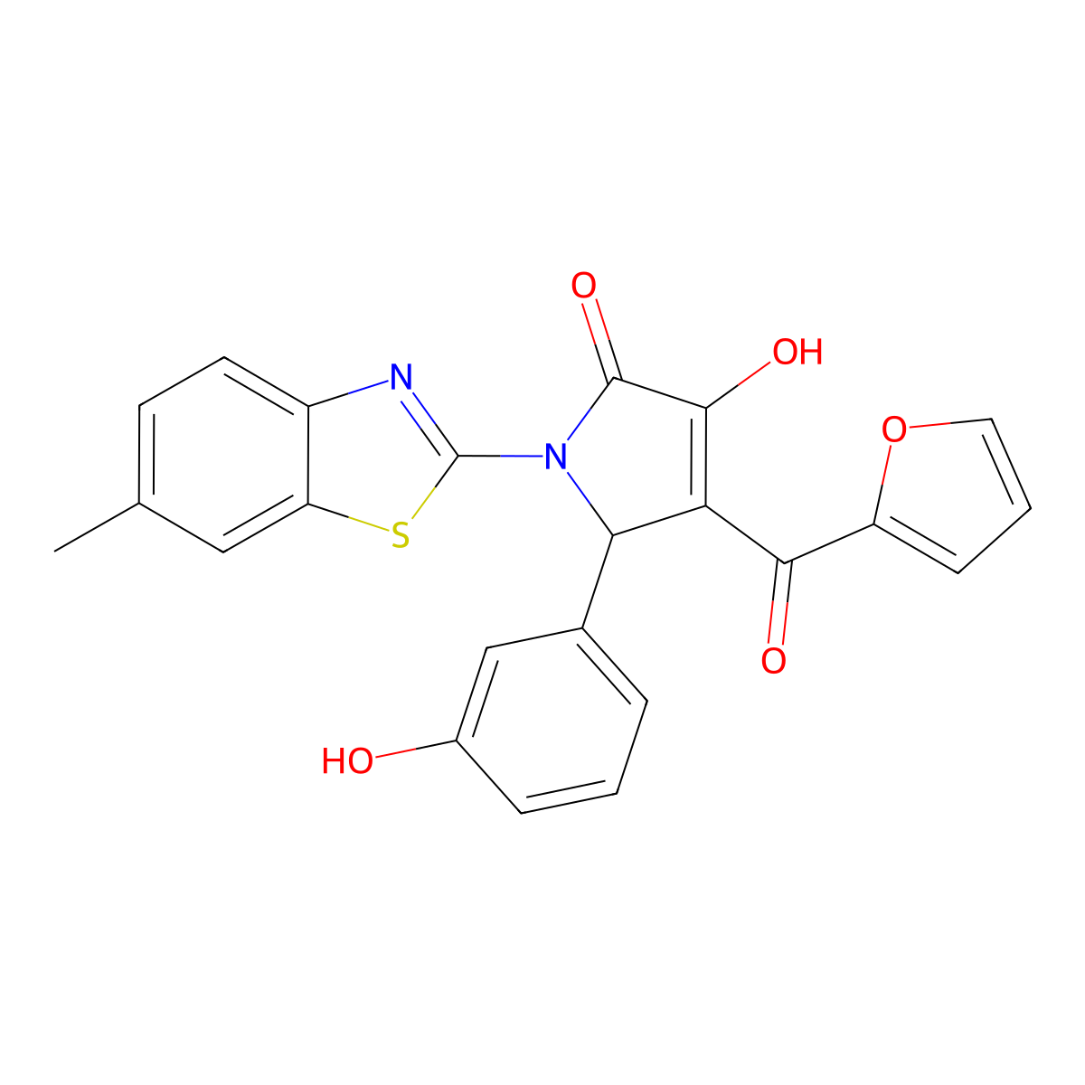4-(furan-2-ylcarbonyl)-3-hydroxy-5-(3-hydroxyphenyl)-1-(6-methyl-1,3-benzothiazol-2-yl)-1,5-dihydro-2H-pyrrol-2-one molecular structure, CAS 608114-72-3