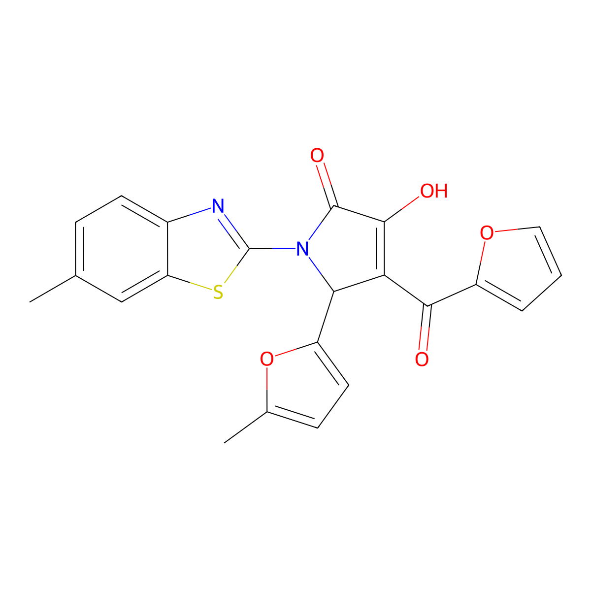 4-(furan-2-carbonyl)-3-hydroxy-1-(6-methyl-1,3-benzothiazol-2-yl)-5-(5-methylfuran-2-yl)-2,5-dihydro-1H-pyrrol-2-one molecular structure, CAS 608114-73-4