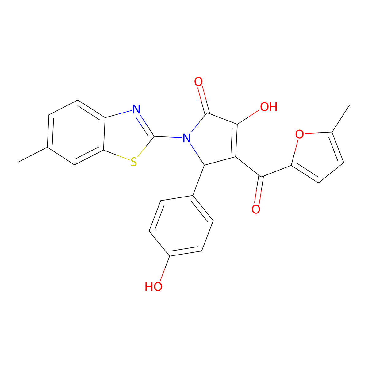 3-Hydroxy-5-(4-hydroxy-phenyl)-1-(6-methyl-benzothiazol-2-yl)-4-(5-methyl-furan-2-carbonyl)-1,5-dihydro-pyrrol-2-one molecular structure, CAS 608114-89-2