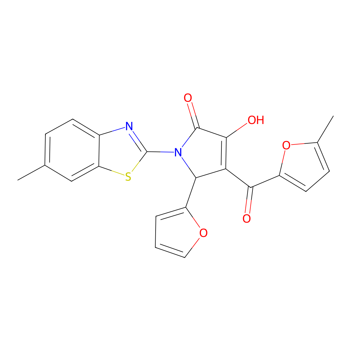5-Furan-2-yl-3-hydroxy-1-(6-methyl-benzothiazol-2-yl)-4-(5-methyl-furan-2-carbonyl)-1,5-dihydro-pyrrol-2-one molecular structure, CAS 608115-17-9