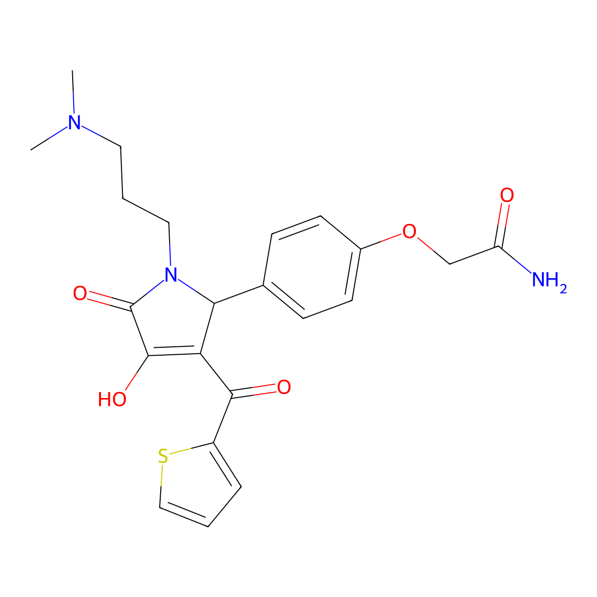 2-(4-{1-[3-(dimethylamino)propyl]-4-hydroxy-5-oxo-3-(thiophen-2-ylcarbonyl)-2,5-dihydro-1H-pyrrol-2-yl}phenoxy)acetamide molecular structure, CAS 608119-46-6