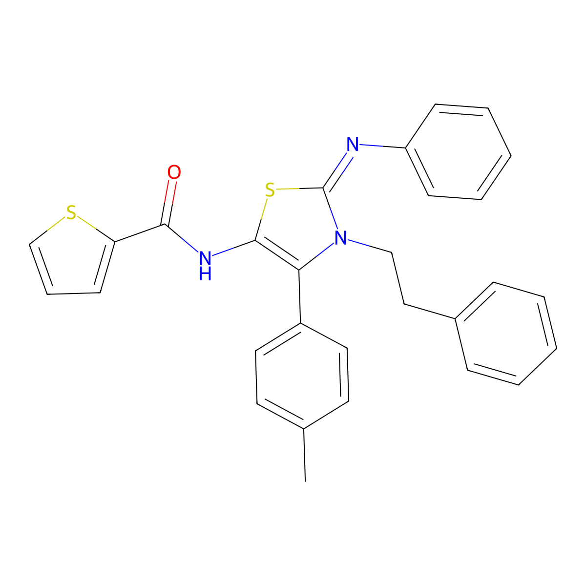 N-[(2E)-4-(4-methylphenyl)-3-(2-phenylethyl)-2-(phenylimino)-2,3-dihydro-1,3-thiazol-5-yl]thiophene-2-carboxamide molecular structure, CAS 608119-60-4