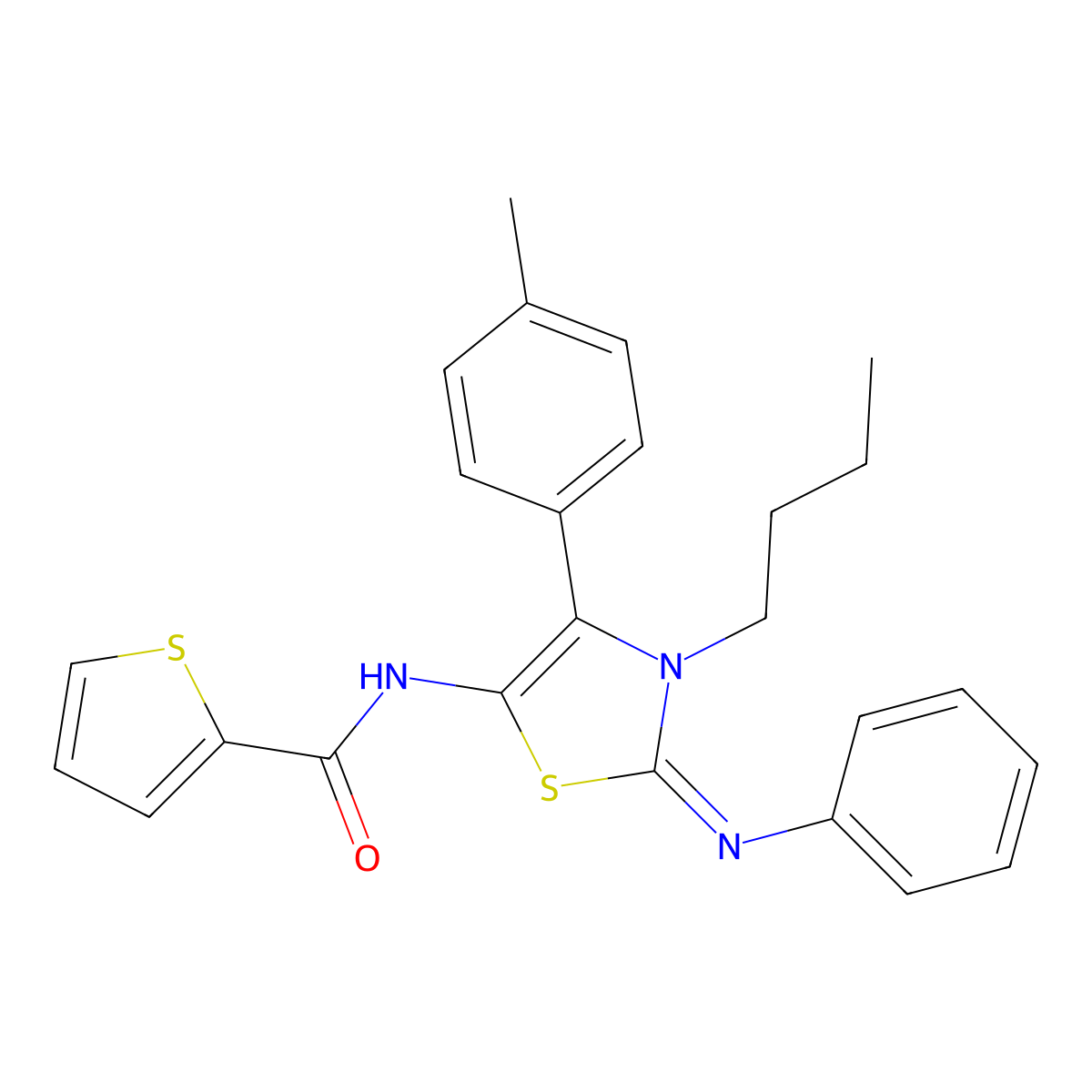 N-[(2E)-3-butyl-4-(4-methylphenyl)-2-(phenylimino)-2,3-dihydro-1,3-thiazol-5-yl]thiophene-2-carboxamide molecular structure, CAS 608119-63-7