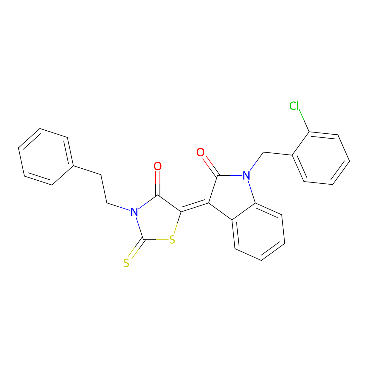 1-[(2-Chlorophenyl)methyl]-1,3-dihydro-3-[4-oxo-3-(2-phenylethyl)-2-thioxo-5-thiazolidinylidene]-2H-indol-2-one molecular structure, CAS 608119-97-7