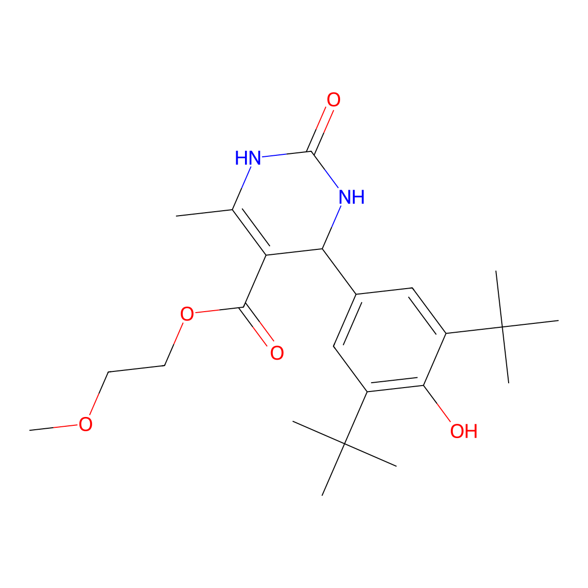 2-Methoxyethyl 4-(3,5-di-tert-butyl-4-hydroxyphenyl)-6-methyl-2-oxo-1,2,3,4-tetrahydropyrimidine-5-carboxylate molecular structure, CAS 608120-40-7