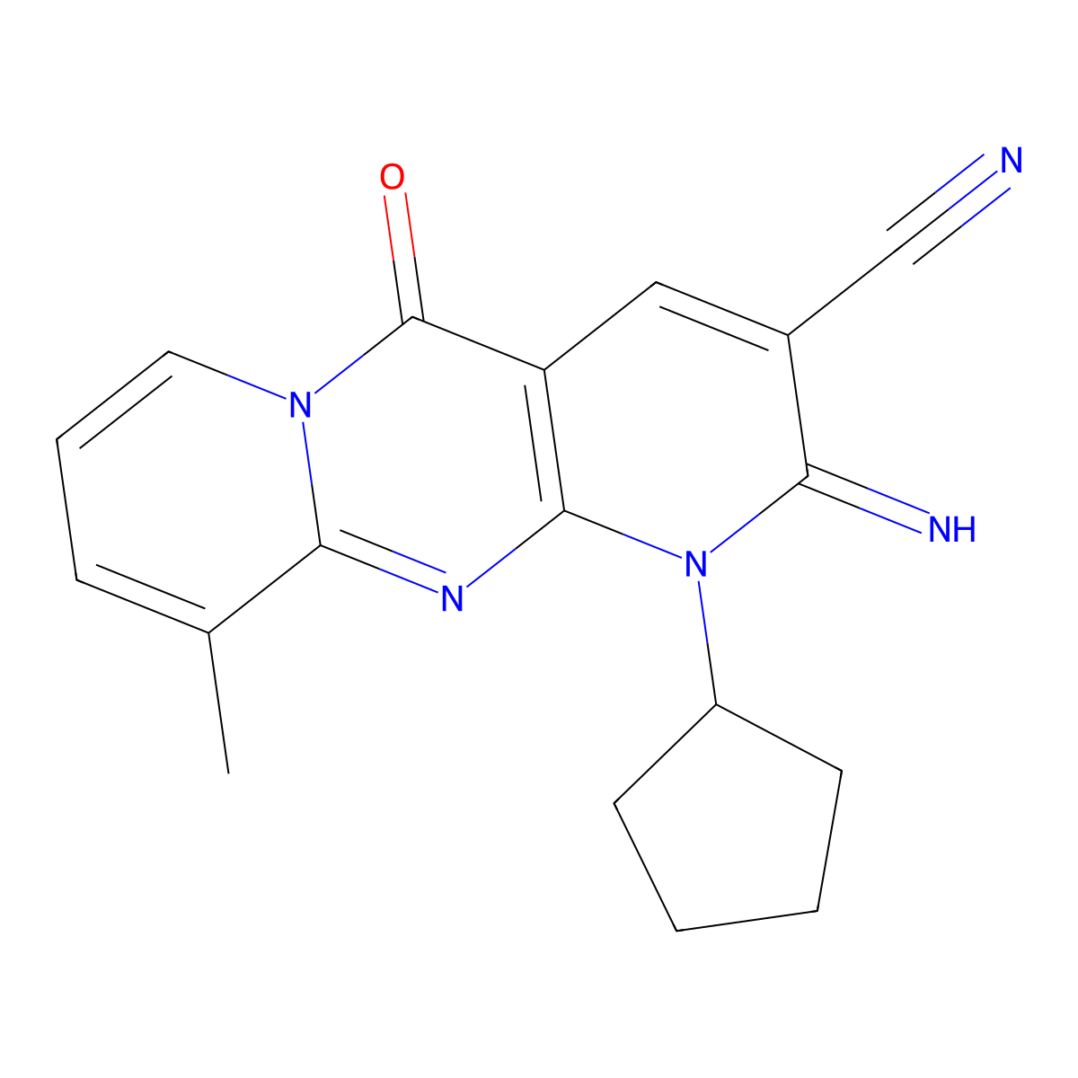 1-cyclopentyl-2-imino-10-methyl-5-oxo-1,5-dihydro-2H-dipyrido[1,2-a:2,3-d]pyrimidine-3-carbonitrile molecular structure, CAS 608121-04-6