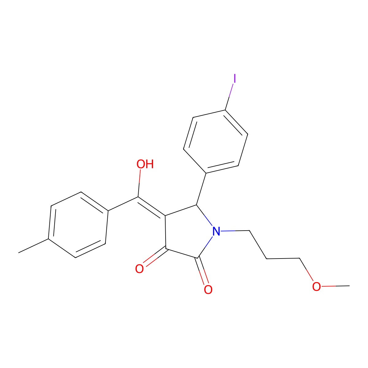 3-hydroxy-5-(4-iodophenyl)-1-(3-methoxypropyl)-4-(4-methylbenzoyl)-2,5-dihydro-1H-pyrrol-2-one molecular structure, CAS 608121-22-8
