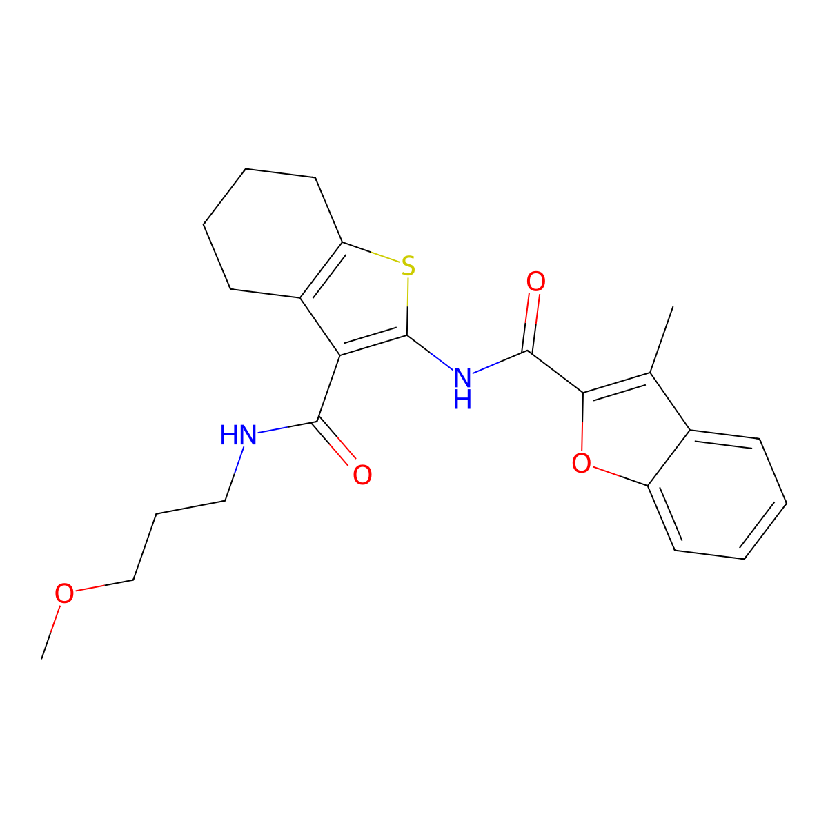 N-[3-(3-methoxypropylcarbamoyl)-4,5,6,7-tetrahydro-1-benzothiophen-2-yl]-3-methyl-1-benzofuran-2-carboxamide molecular structure, CAS 608121-41-1