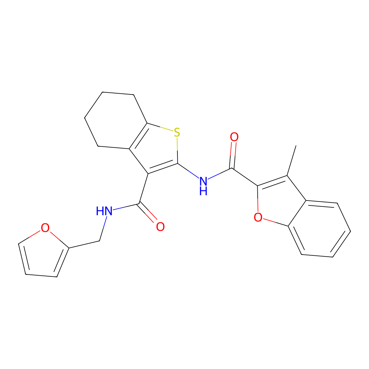 N-[3-(furan-2-ylmethylcarbamoyl)-4,5,6,7-tetrahydro-1-benzothiophen-2-yl]-3-methyl-1-benzofuran-2-carboxamide molecular structure, CAS 608121-42-2