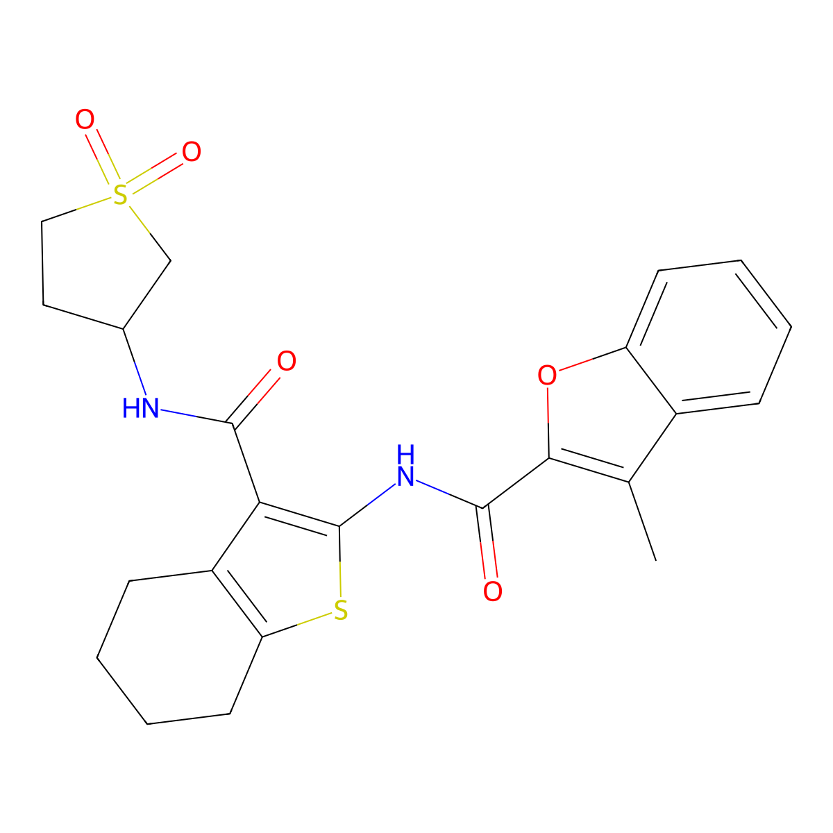 N-[3-[(1,1-dioxothiolan-3-yl)carbamoyl]-4,5,6,7-tetrahydro-1-benzothiophen-2-yl]-3-methyl-1-benzofuran-2-carboxamide molecular structure, CAS 608121-43-3