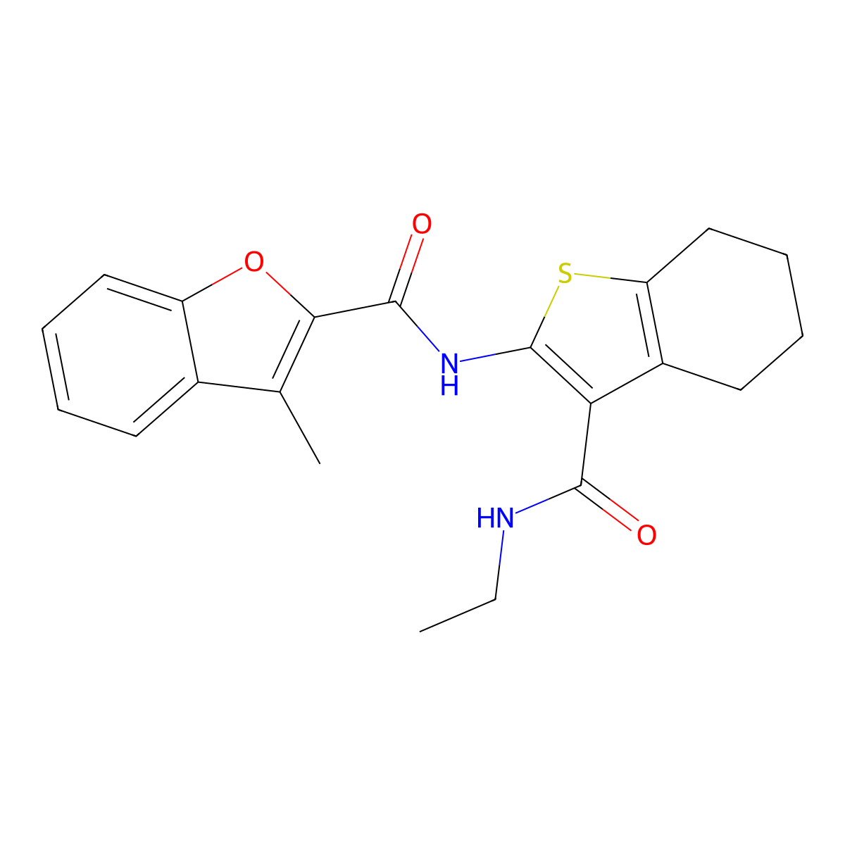N-[3-(ethylcarbamoyl)-4,5,6,7-tetrahydro-1-benzothiophen-2-yl]-3-methyl-1-benzofuran-2-carboxamide molecular structure, CAS 608121-44-4