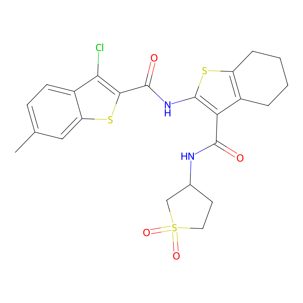 3-chloro-N-(3-{[(1,1-dioxidotetrahydro-3-thienyl)amino]carbonyl}-4,5,6,7-tetrahydro-1-benzothien-2-yl)-6-methyl-1-benzothiophene-2-carboxamide molecular structure, CAS 608121-55-7