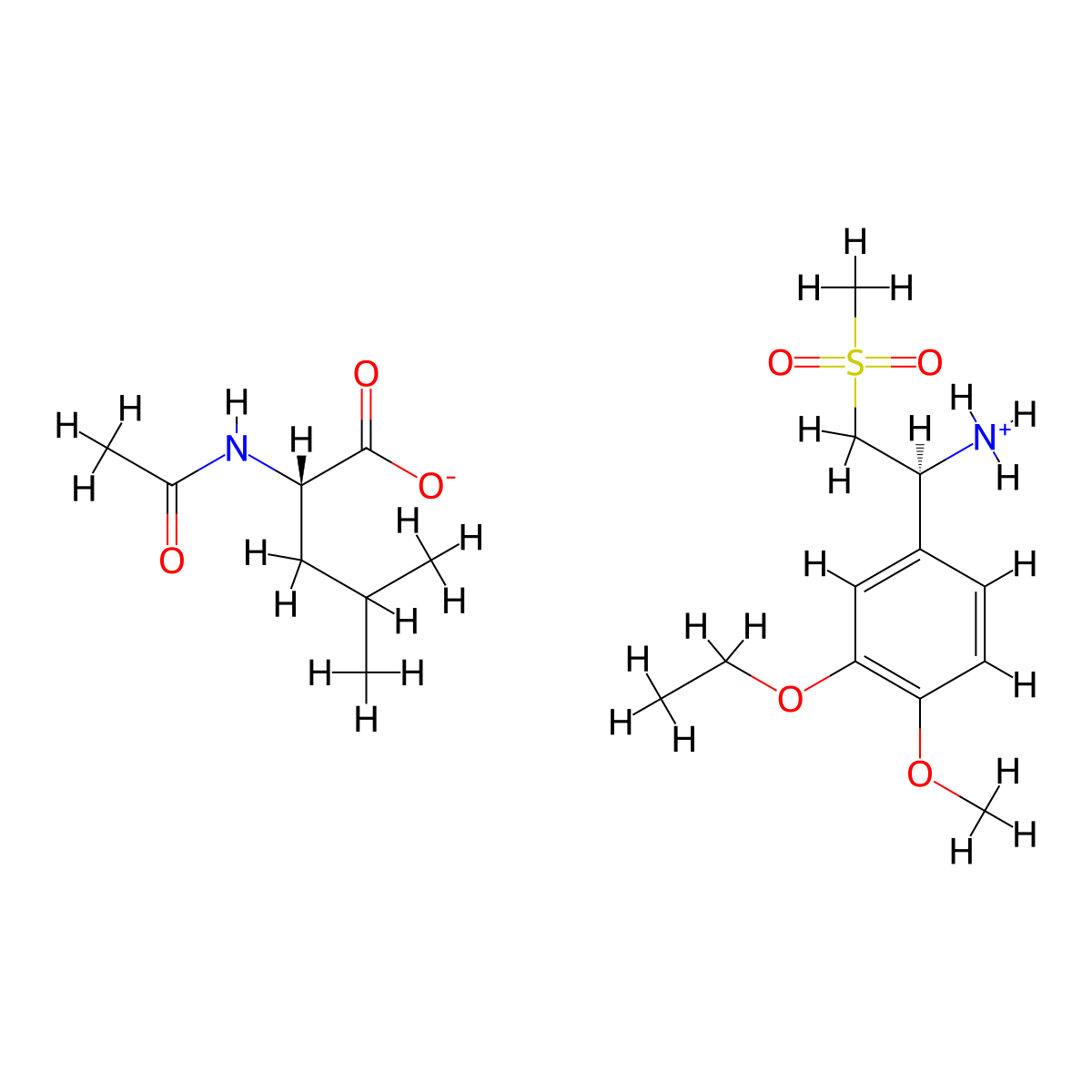 (1S)-1-(3-ethoxy-4-methoxyphenyl)-2-methanesulfonylethan-1-aminium (2S)-2-acetamido-4-methylpentanoate molecular structure, CAS 608141-43-1