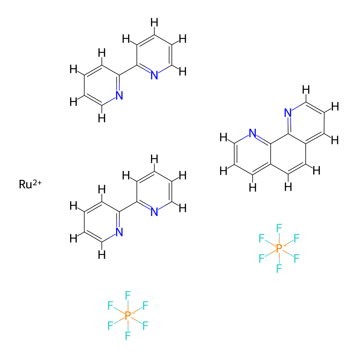 Bis(2,2'-bipyridine)(1,10-phenanthroline)ruthenium(2+) bis[hexafluorophosphate(1-)] molecular structure, CAS 60828-38-8