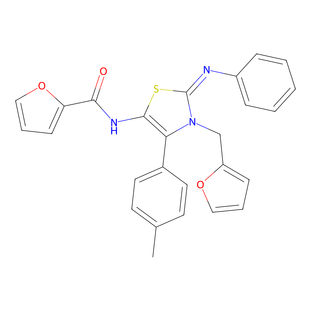 N-[(2Z)-3-(furan-2-ylmethyl)-4-(4-methylphenyl)-2-(phenylimino)-2,3-dihydro-1,3-thiazol-5-yl]furan-2-carboxamide molecular structure, CAS 608490-29-5
