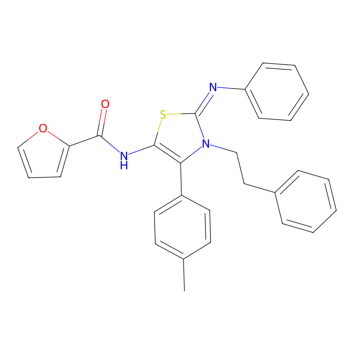 N-[(2Z)-4-(4-methylphenyl)-3-(2-phenylethyl)-2-(phenylimino)-2,3-dihydro-1,3-thiazol-5-yl]furan-2-carboxamide molecular structure, CAS 608490-30-8
