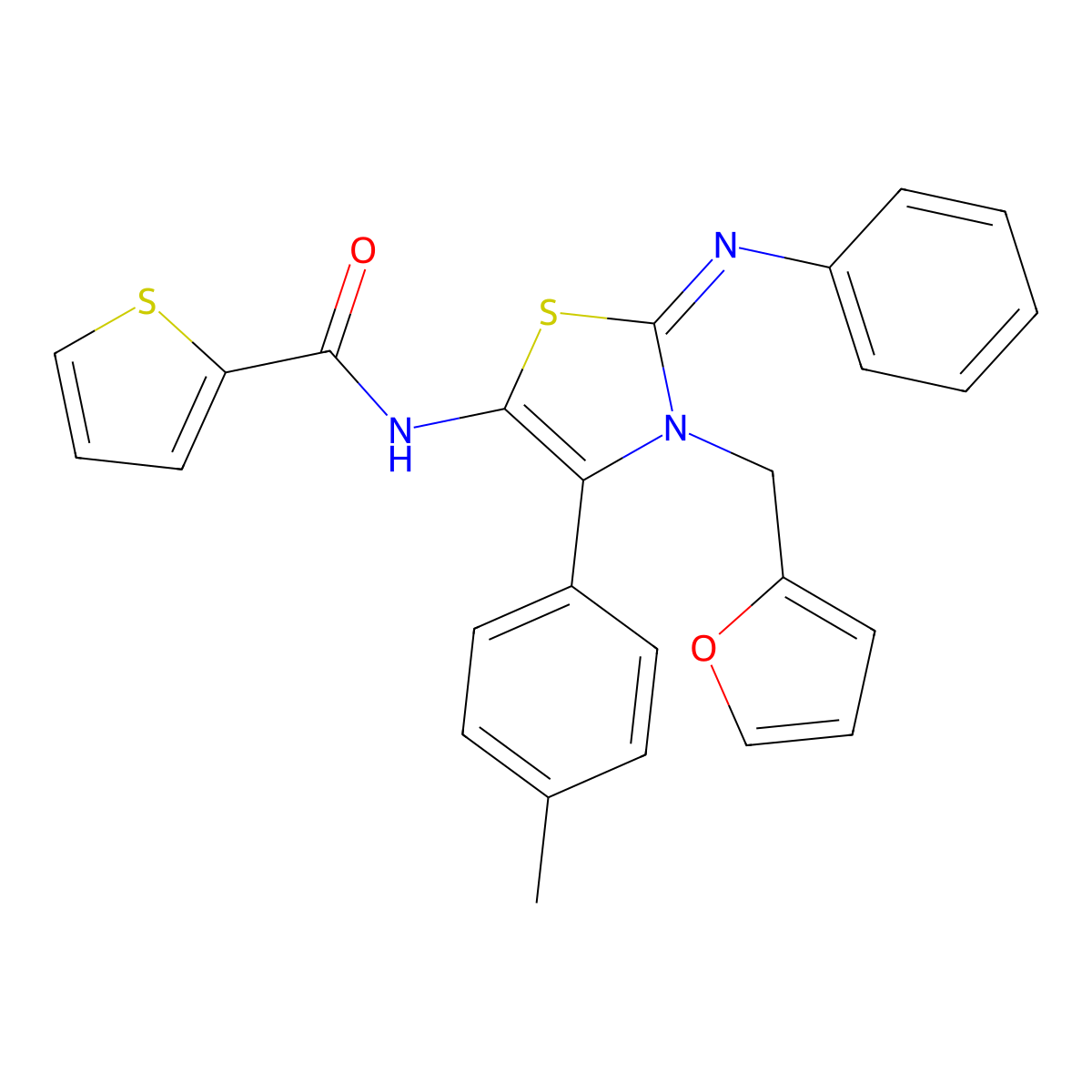 N-[(2Z)-3-(furan-2-ylmethyl)-4-(4-methylphenyl)-2-(phenylimino)-2,3-dihydro-1,3-thiazol-5-yl]thiophene-2-carboxamide molecular structure, CAS 608490-31-9