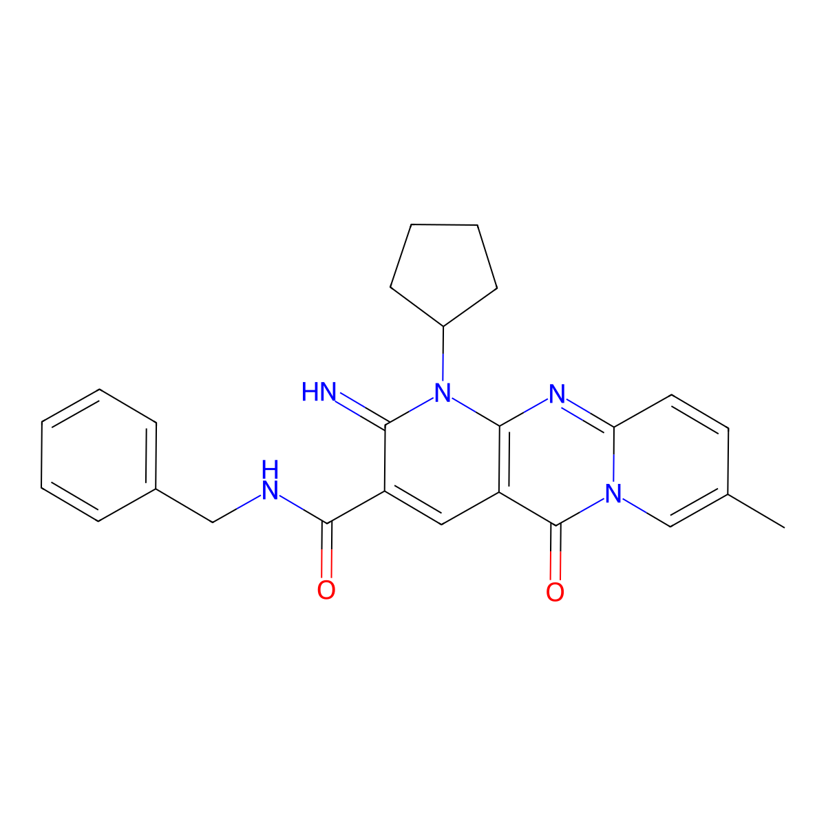 N-benzyl-1-cyclopentyl-2-imino-8-methyl-5-oxo-1,5-dihydro-2H-dipyrido[1,2-a:2,3-d]pyrimidine-3-carboxamide molecular structure, CAS 608491-76-5