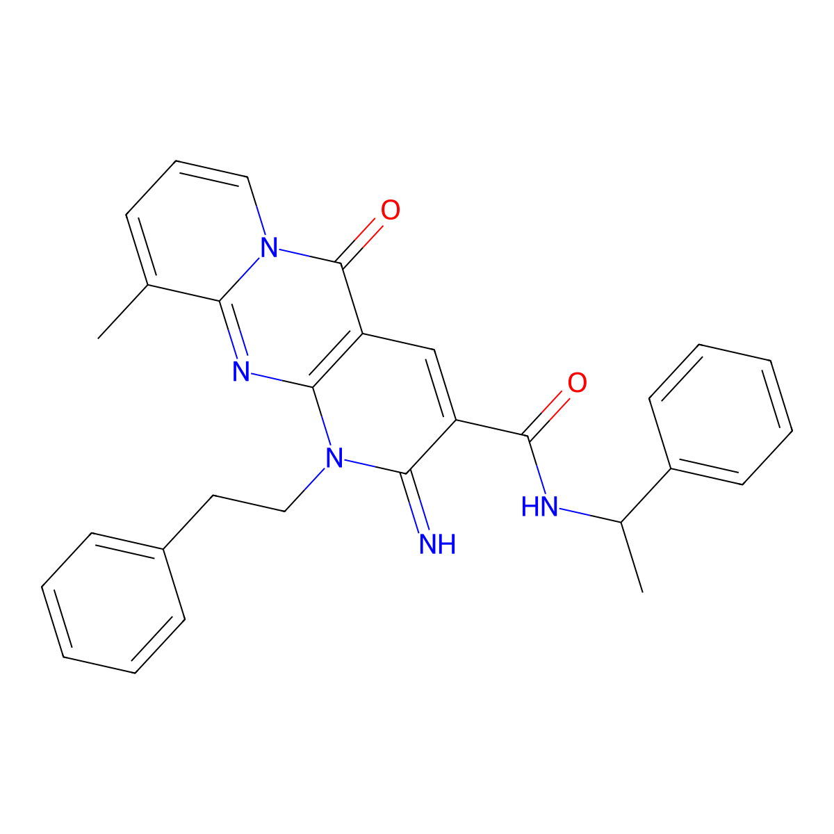 2-imino-10-methyl-5-oxo-1-phenethyl-N-(1-phenylethyl)-2,5-dihydro-1H-dipyrido[1,2-a:2',3'-d]pyrimidine-3-carboxamide molecular structure, CAS 608492-41-7