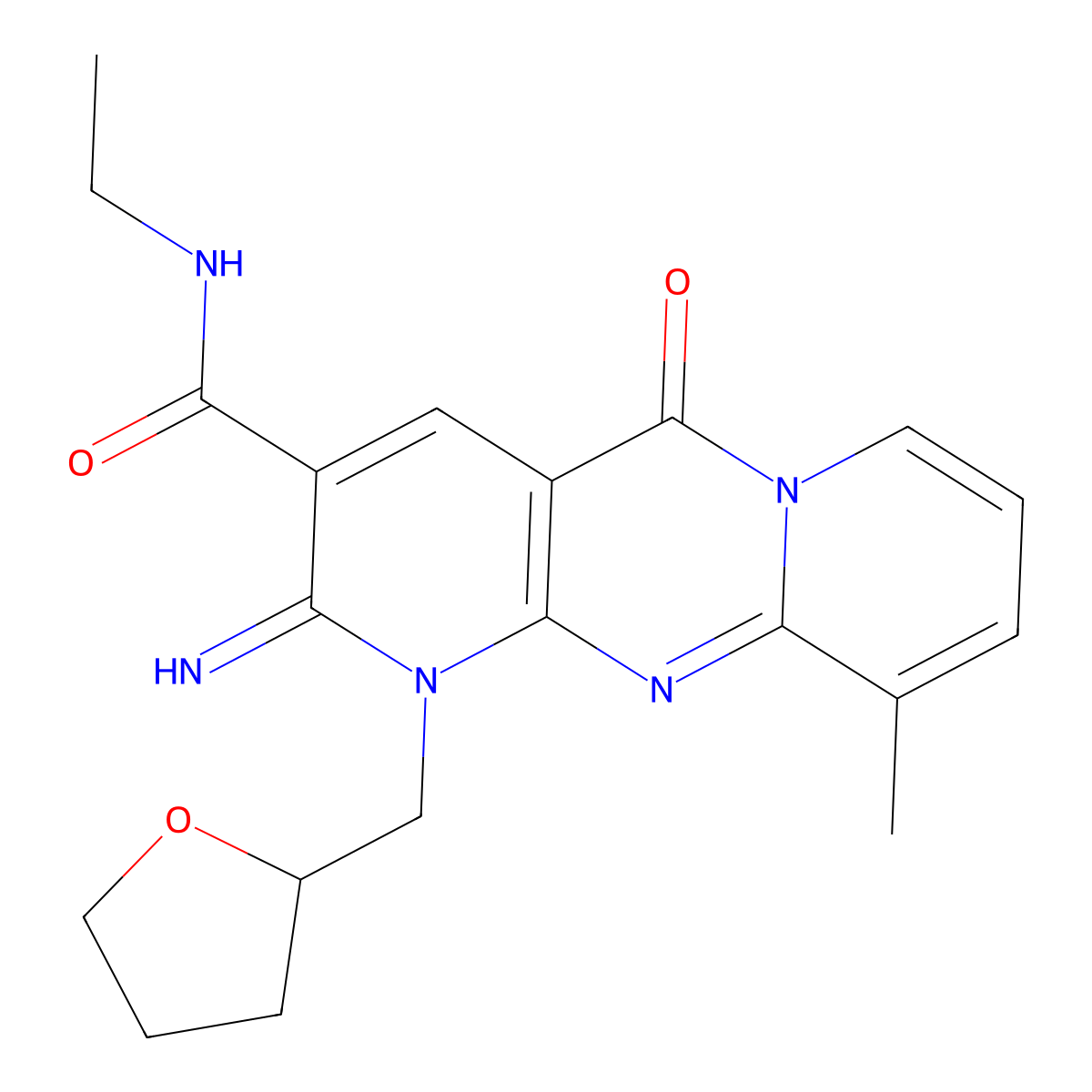 N-ethyl-6-imino-11-methyl-2-oxo-7-[(oxolan-2-yl)methyl]-1,7,9-triazatricyclo[8.4.0.0^{3,8}]tetradeca-3(8),4,9,11,13-pentaene-5-carboxamide molecular structure, CAS 608492-44-0