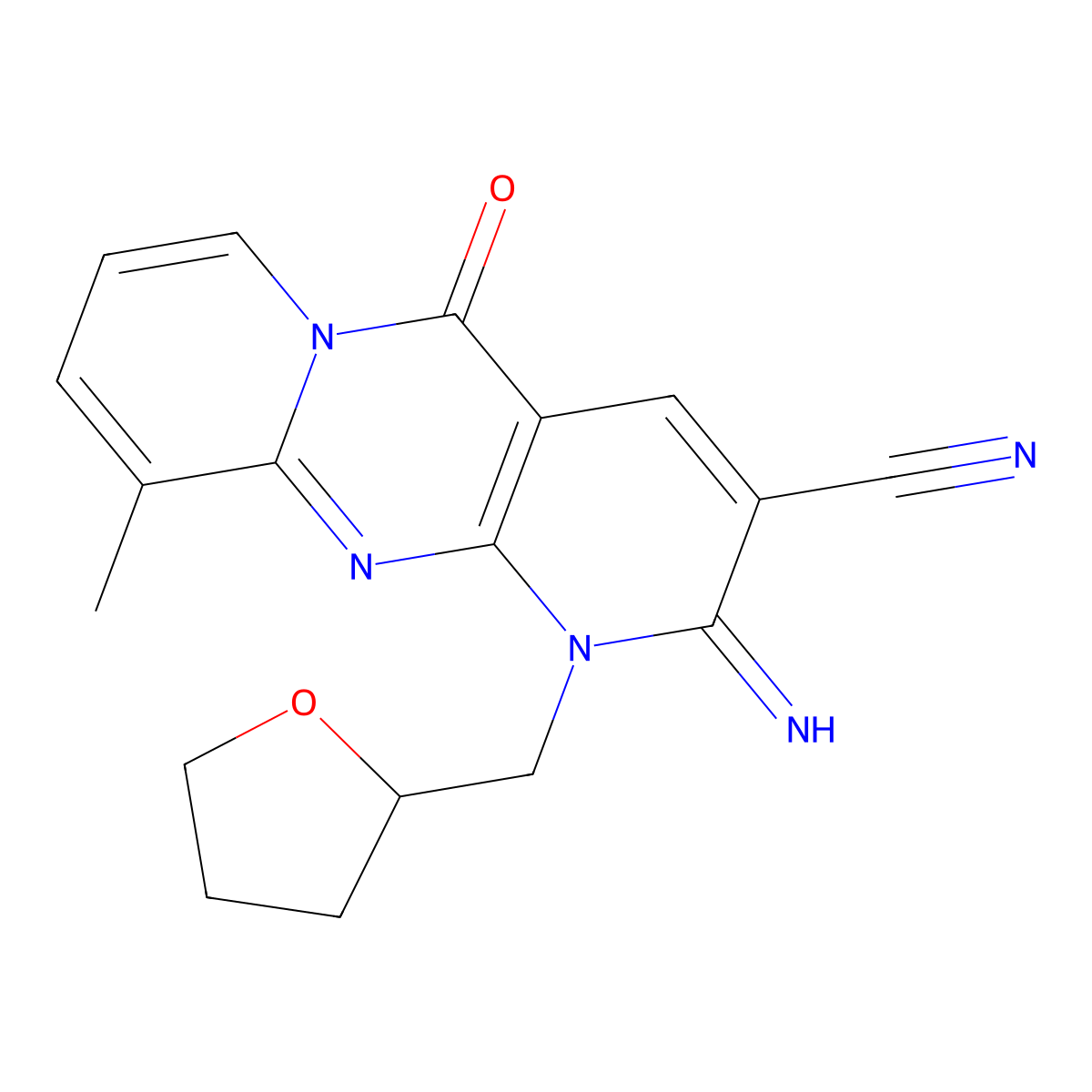 2-Imino-10-methyl-5-oxo-1-(oxolan-2-ylmethyl)dipyrido[3,4-c:1',2'-f]pyrimidine-3-carbonitrile molecular structure, CAS 608492-46-2
