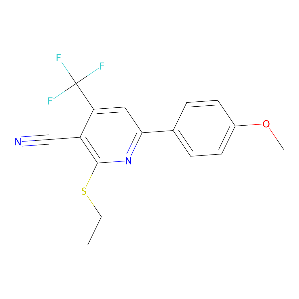 2-(Ethylthio)-6-(4-methoxyphenyl)-4-(trifluoromethyl)nicotinonitrile molecular structure, CAS 608492-93-9