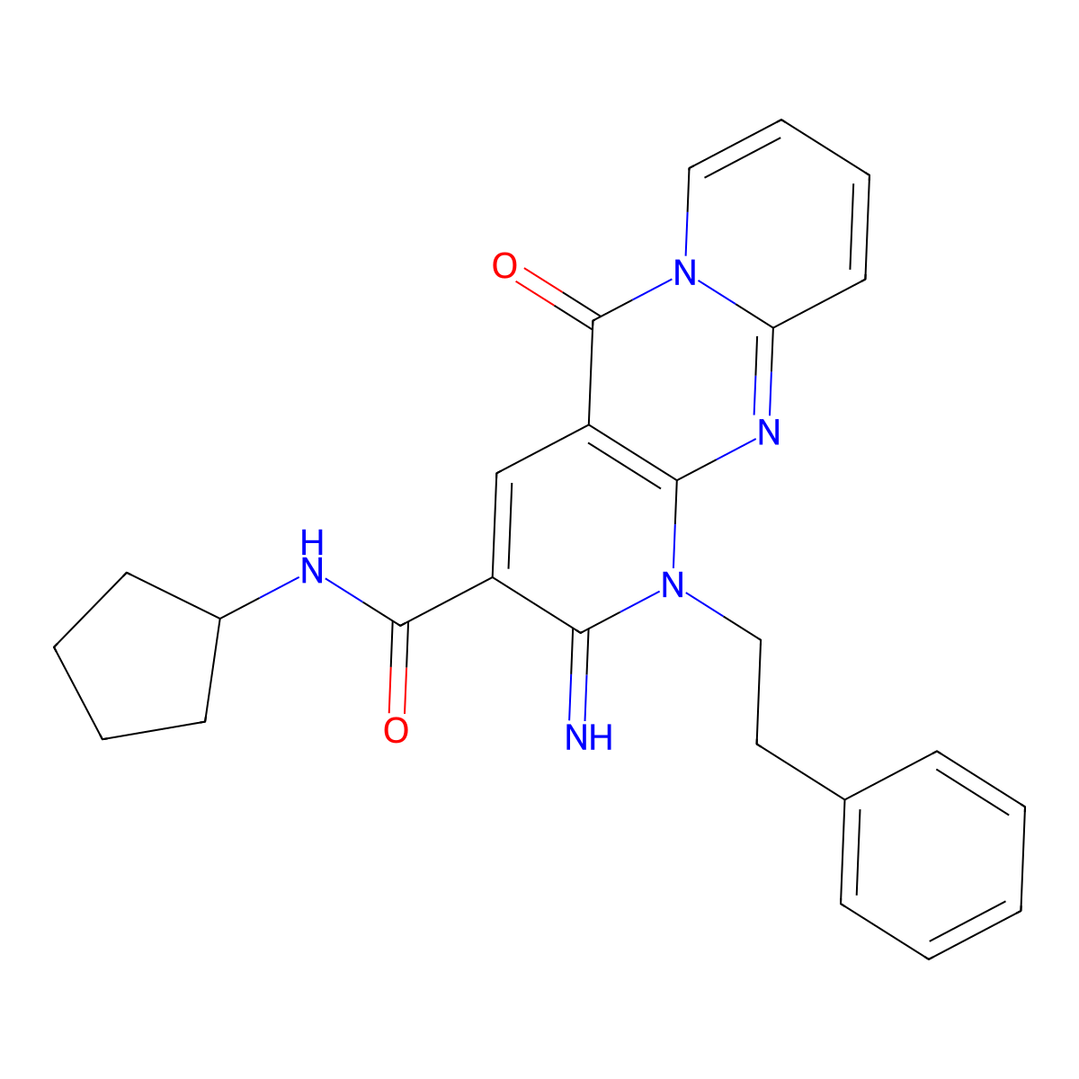 N-cyclopentyl-2-imino-5-oxo-1-(2-phenylethyl)-1,5-dihydro-2H-dipyrido[1,2-a:2',3'-d]pyrimidine-3-carboxamide molecular structure, CAS 608493-22-7