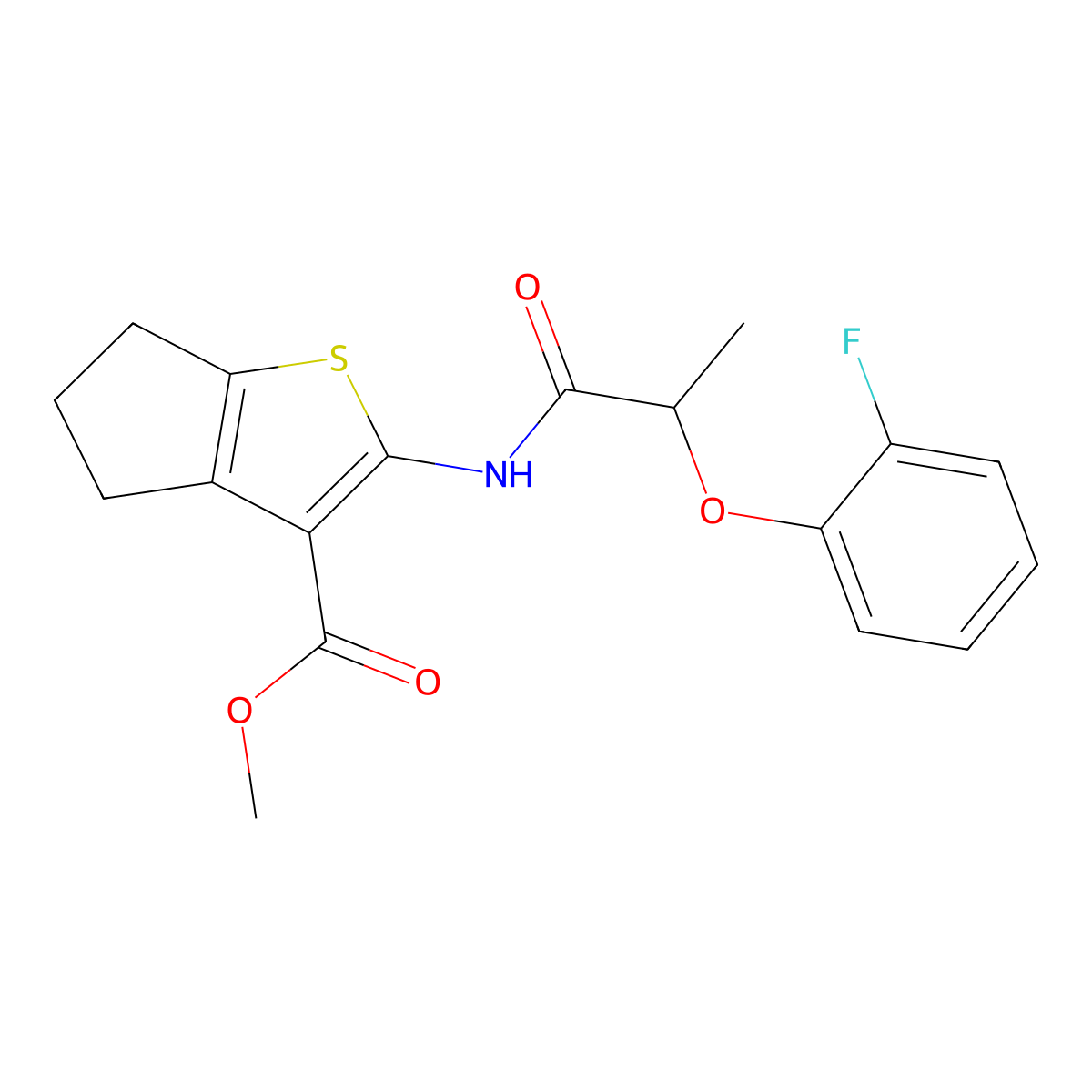 methyl 2-{[2-(2-fluorophenoxy)propanoyl]amino}-5,6-dihydro-4H-cyclopenta[b]thiophene-3-carboxylate molecular structure, CAS 608493-87-4
