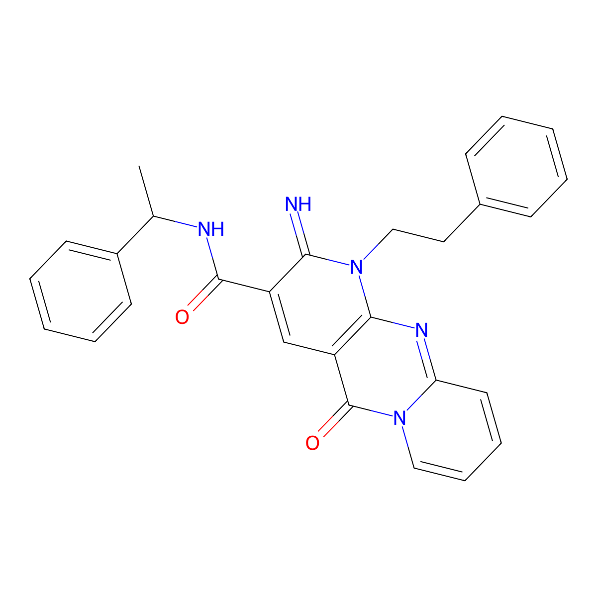 2-imino-5-oxo-N-(1-phenylethyl)-1-(2-phenylethyl)-1,5-dihydro-2H-dipyrido[1,2-a:2',3'-d]pyrimidine-3-carboxamide molecular structure, CAS 608494-65-1