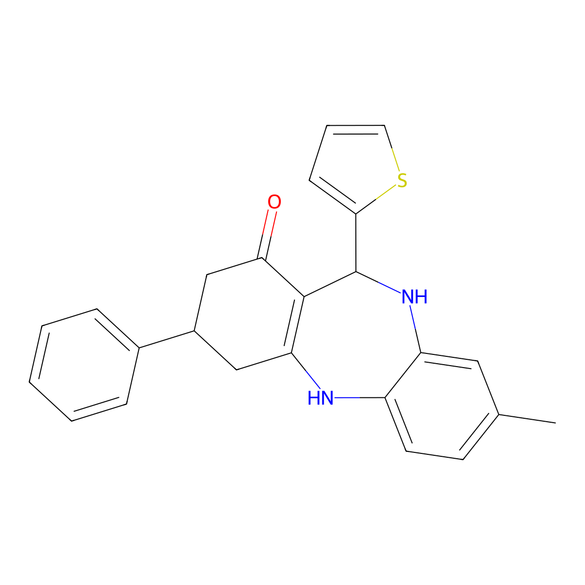 3-Methyl-9-phenyl-6-thiophen-2-yl-5,6,8,9,10,11-hexahydrobenzo[b][1,4]benzodiazepin-7-one molecular structure, CAS 6090-48-8