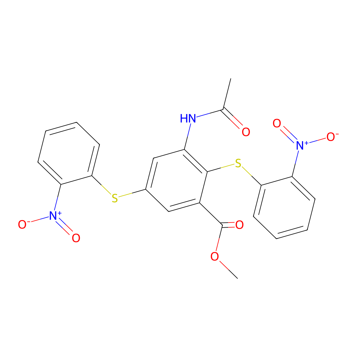 Methyl 3-acetamido-2,5-bis[(2-nitrophenyl)sulfanyl]benzoate molecular structure, CAS 60912-56-3