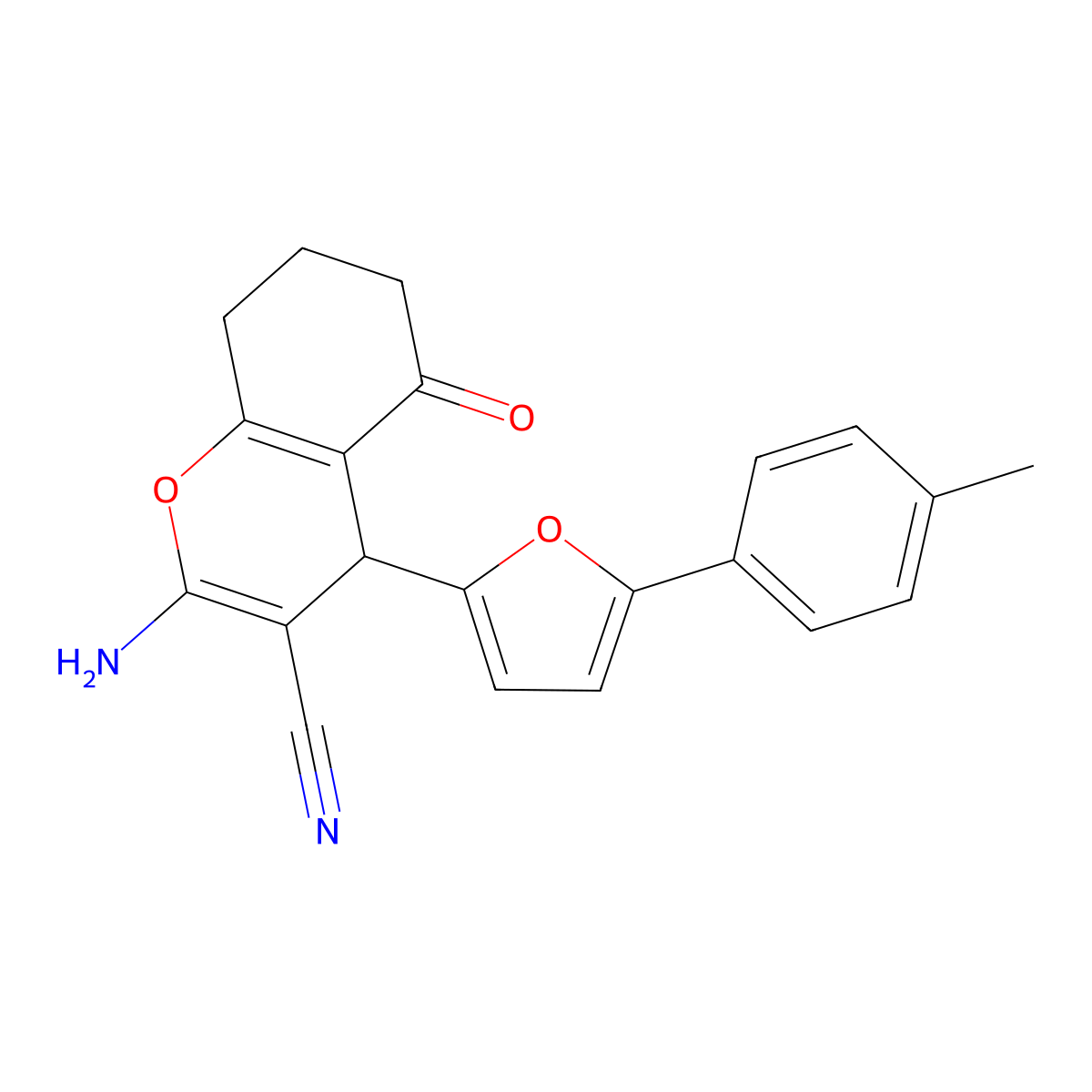 2-Amino-4-[5-(4-methylphenyl)furan-2-yl]-5-oxo-4,6,7,8-tetrahydrochromene-3-carbonitrile molecular structure, CAS 609335-40-2