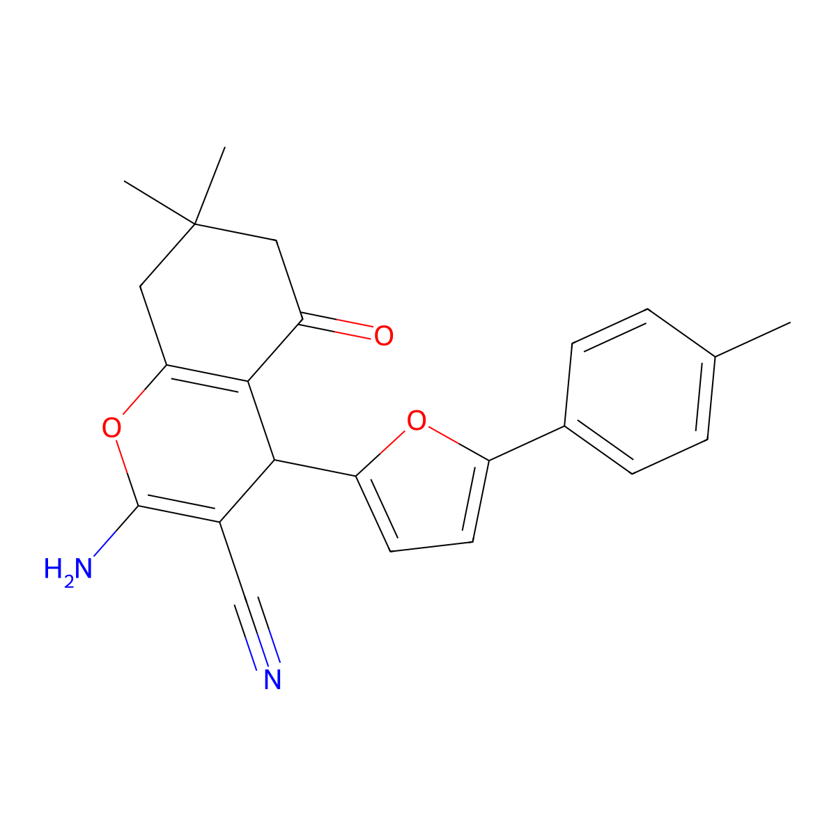 2-amino-7,7-dimethyl-4-[5-(4-methylphenyl)furan-2-yl]-5-oxo-6,8-dihydro-4H-chromene-3-carbonitrile molecular structure, CAS 609335-44-6