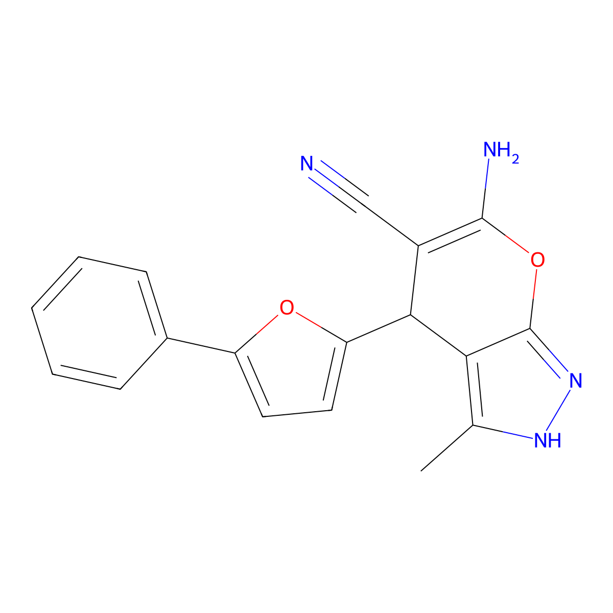 6-Amino-3-methyl-4-(5-phenyl-2-furyl)-1,4-dihydropyrano[2,3-c]pyrazole-5-carbonitrile molecular structure, CAS 609335-60-6