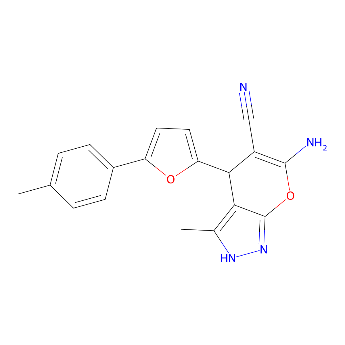 6-Amino-3-methyl-4-(5-(p-tolyl)furan-2-yl)-1,4-dihydropyrano[2,3-c]pyrazole-5-carbonitrile molecular structure, CAS 609335-61-7