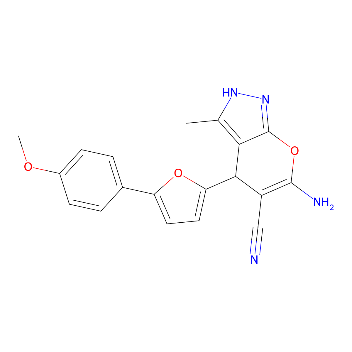6-Amino-4-(5-(4-methoxyphenyl)furan-2-yl)-3-methyl-1,4-dihydropyrano[2,3-c]pyrazole-5-carbonitrile molecular structure, CAS 609335-63-9