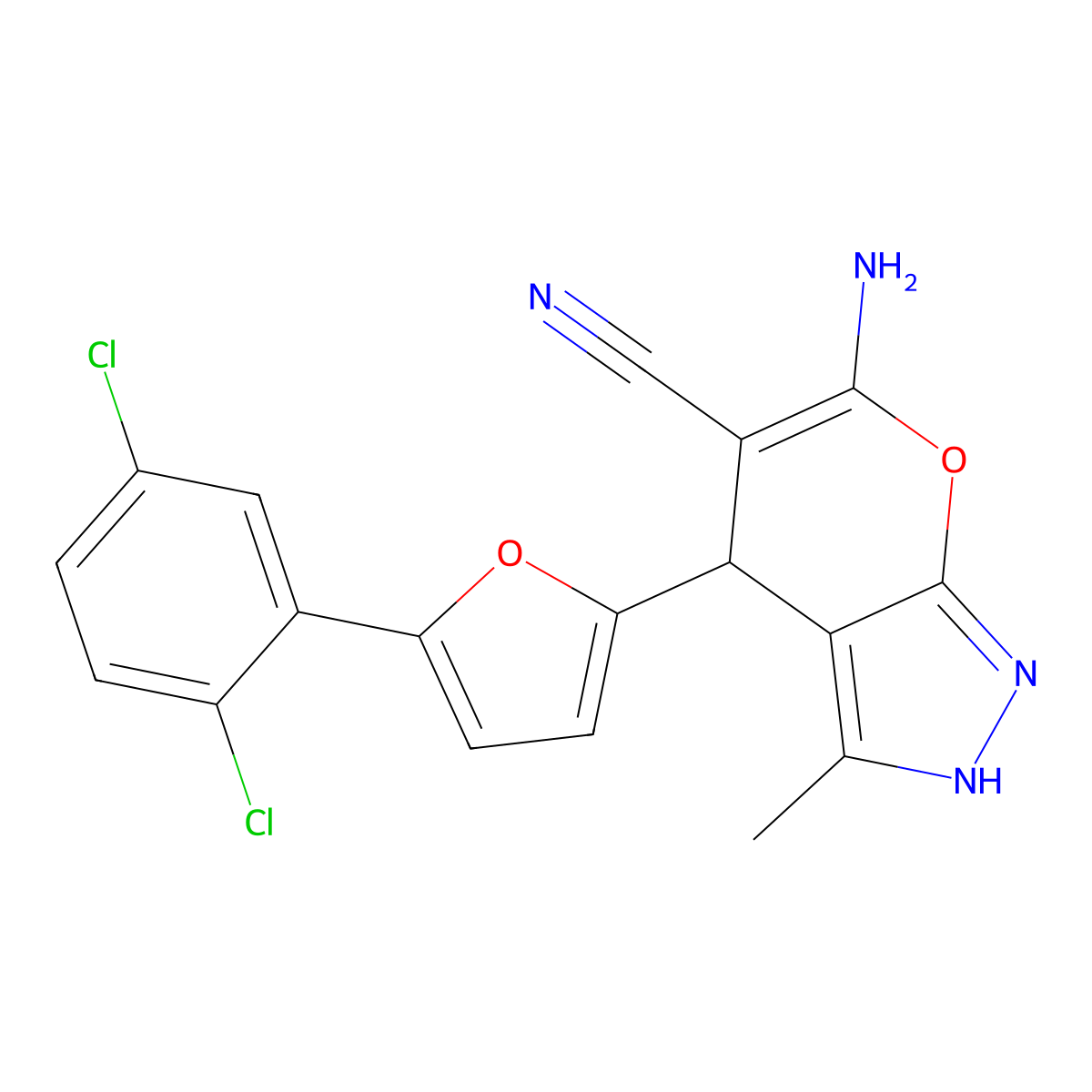 6-Amino-4-[5-(2,5-dichlorophenyl)-2-furyl]-3-methyl-1,4-dihydropyrano[2,3-c]pyrazole-5-carbonitrile molecular structure, CAS 609335-64-0