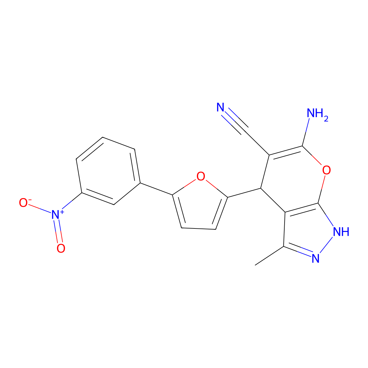 6-Amino-3-methyl-4-(5-(3-nitrophenyl)furan-2-yl)-1,4-dihydropyrano[2,3-c]pyrazole-5-carbonitrile molecular structure, CAS 609335-65-1