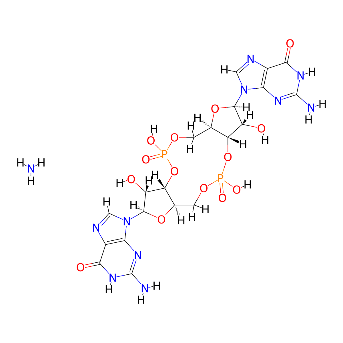 9,9'-((2R,3R,3aS,7aR,9R,10R,10aS,14aR)-3,5,10,12-Tetrahydroxy-5,12-dioxidooctahydro-2H,7H-difuro[3,2-d:3',2'-j][1,3,7,9]tetraoxa[2,8]diphosphacyclododecine-2,9-diyl)bis(2-amino-3,9-dihydro-6H-purin-6-one) diammonium salt molecular structure, CAS 609343-82-0