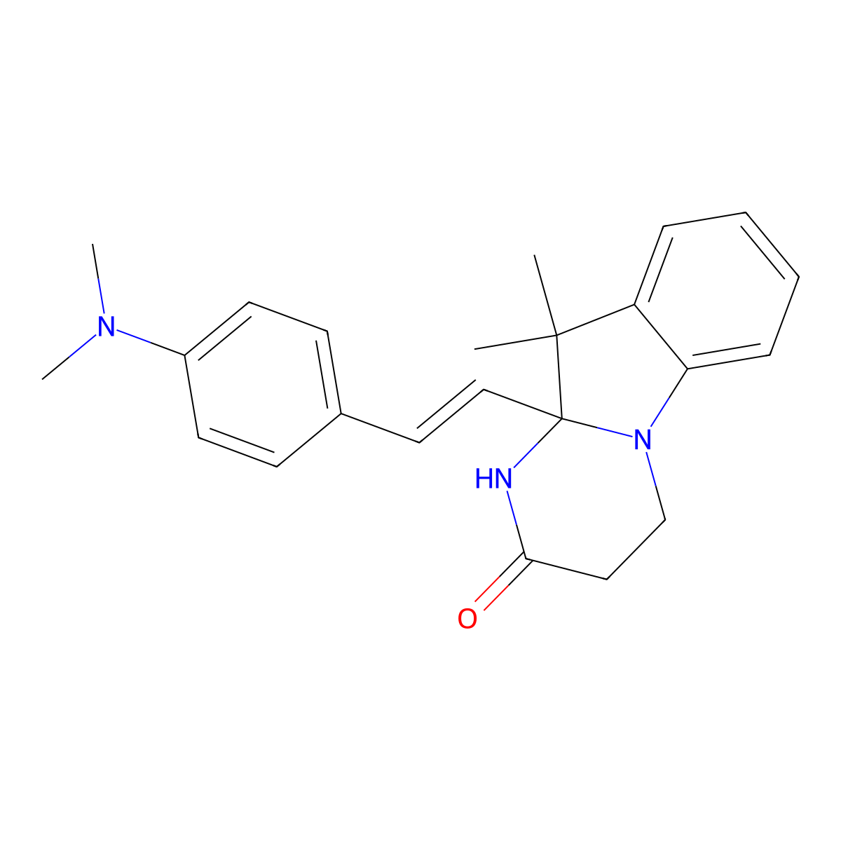 Pyrimido(1,2-a)indol-2(1H)-one, 10a-(2-(4-(dimethylamino)phenyl)ethenyl)-3,4,10,10a-tetrahydro-10,10-dimethyl- molecular structure, CAS 60946-69-2