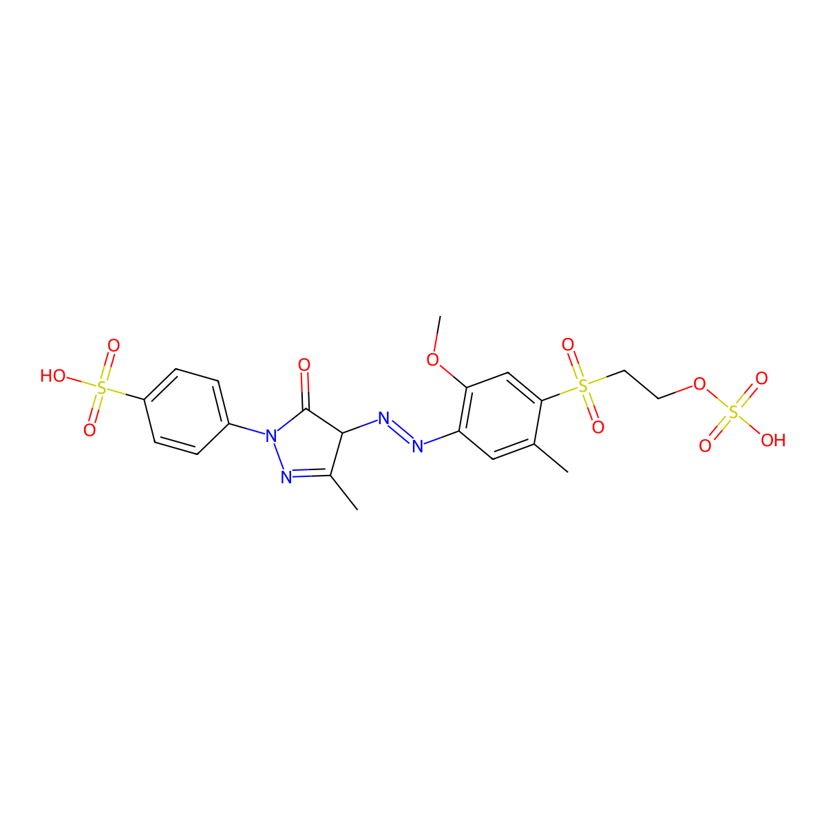 Benzenesulfonic acid, 4-[4,5-dihydro-4-[2-[2-methoxy-5-methyl-4-[[2-(sulfooxy)ethyl]sulfonyl]phenyl]diazenyl]-3-methyl-5-oxo-1H-pyrazol-1-yl]- molecular structure, CAS 60958-41-0