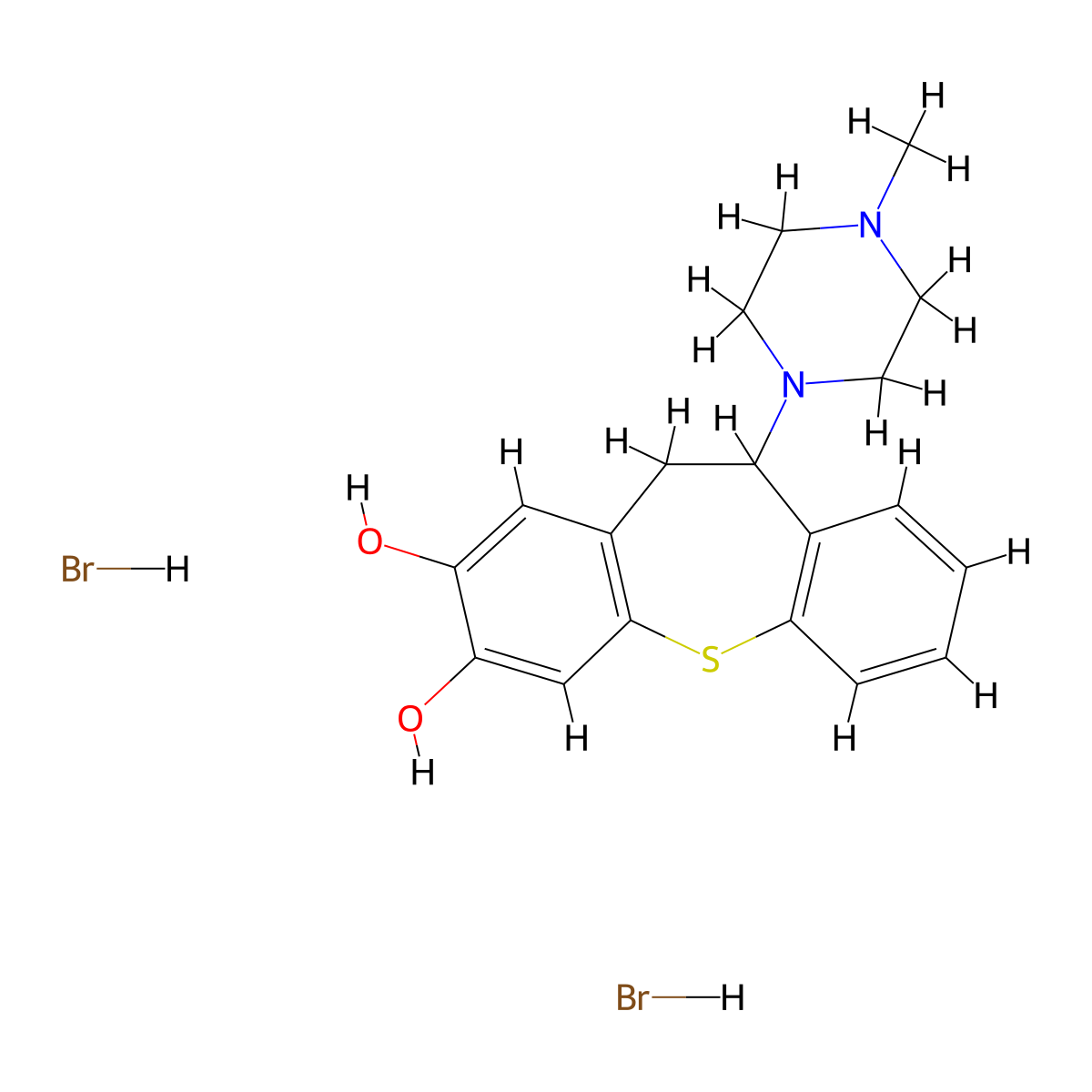 Dibenzo(b,f)thiepin-2,3-diol, 10,11-dihydro-10-(4-methyl-1-piperazinyl)-, hydrobromide, hydrate (1:2:2) molecular structure, CAS 60969-84-8