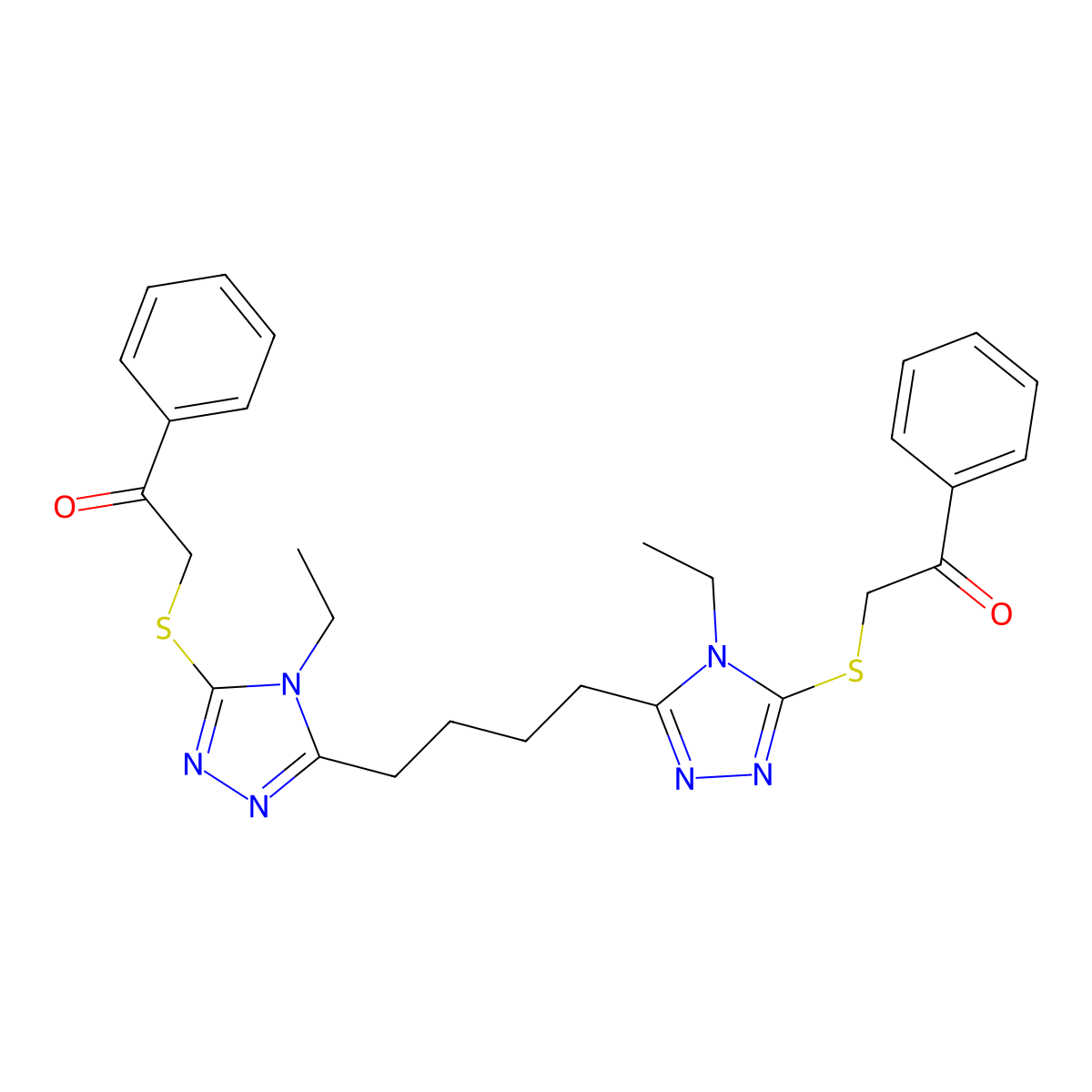 2-[[4-Ethyl-5-[4-(4-ethyl-5-phenacylsulfanyl-1,2,4-triazol-3-yl)butyl]-1,2,4-triazol-3-yl]sulfanyl]-1-phenylethanone molecular structure, CAS 609792-43-0