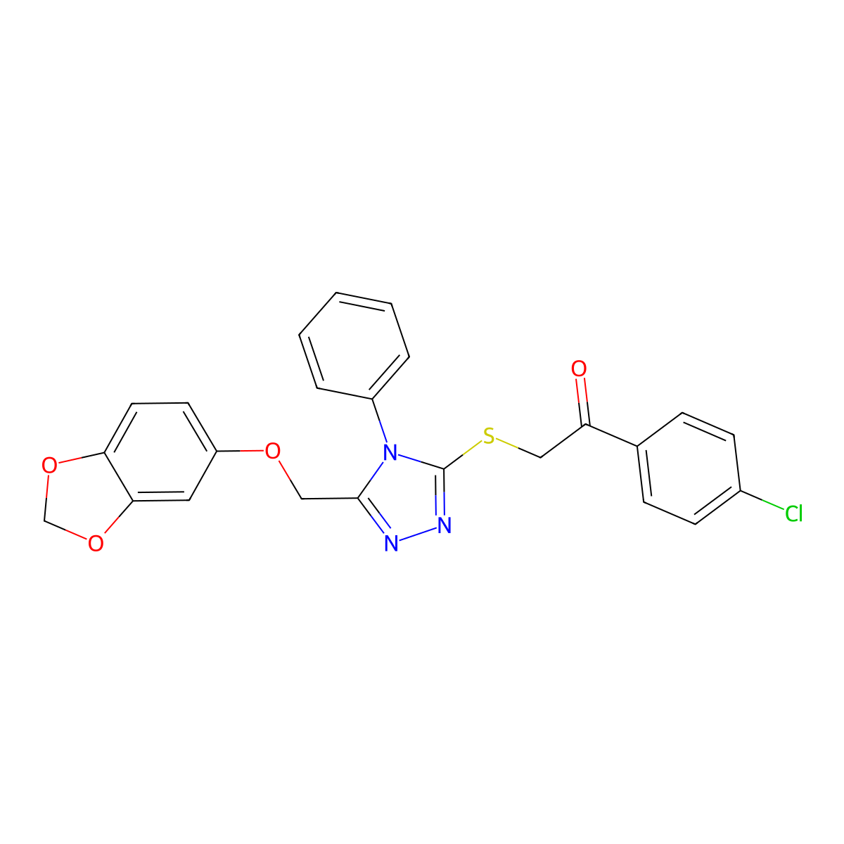 2-[[5-(1,3-Benzodioxol-5-yloxymethyl)-4-phenyl-1,2,4-triazol-3-yl]sulfanyl]-1-(4-chlorophenyl)ethanone molecular structure, CAS 609792-51-0