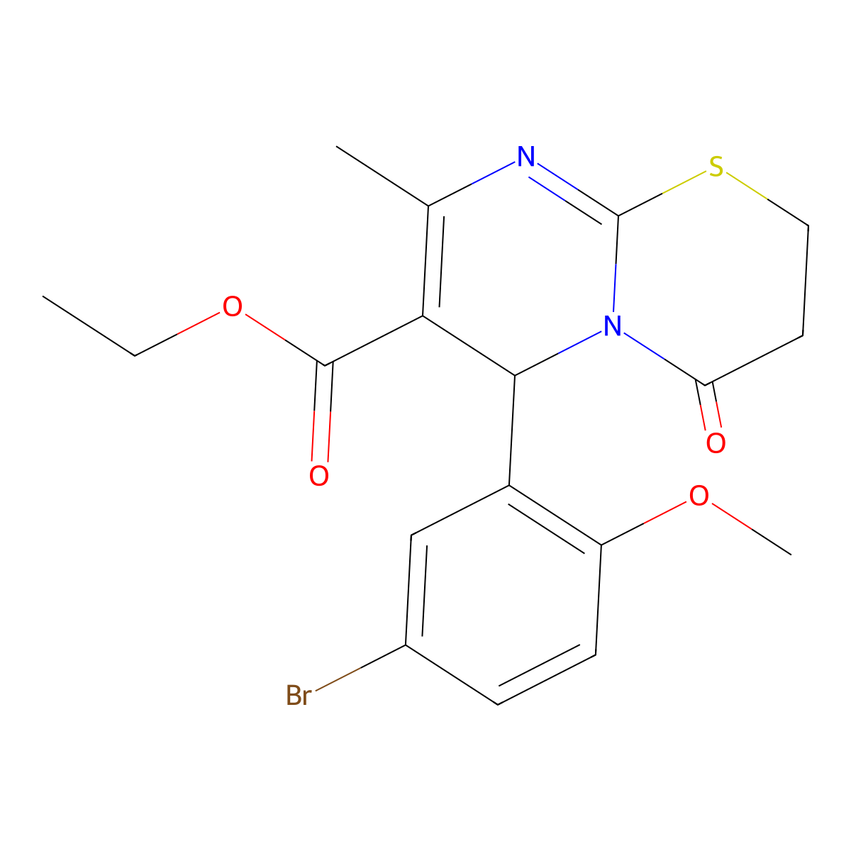 Ethyl 6-(5-bromo-2-methoxyphenyl)-8-methyl-4-oxo-3,4-dihydro-2H,6H-pyrimido(2,1-B)(1,3)thiazine-7-carboxylate molecular structure, CAS 609794-81-2