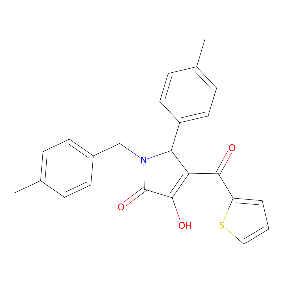 3-Hydroxy-1-(4-methylbenzyl)-5-(4-methylphenyl)-4-(2-thienylcarbonyl)-1,5-dihydro-2H-pyrrol-2-one molecular structure, CAS 609795-56-4