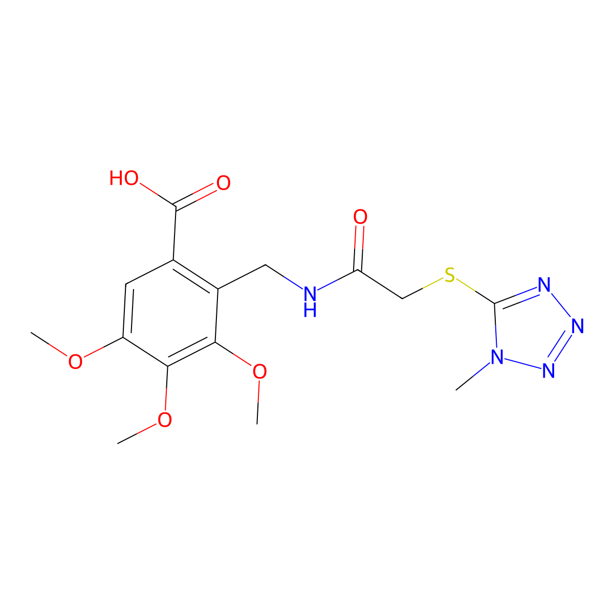 3,4,5-trimethoxy-2-((2-((1-methyl-1H-tetrazol-5-yl)thio)acetamido)methyl)benzoic acid molecular structure, CAS 609823-15-6