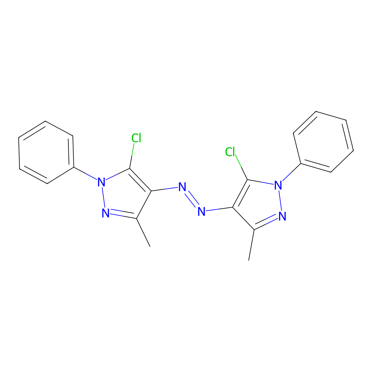 Bis(5-chloro-3-methyl-1-phenylpyrazol-4-yl)diazene molecular structure, CAS 60997-47-9