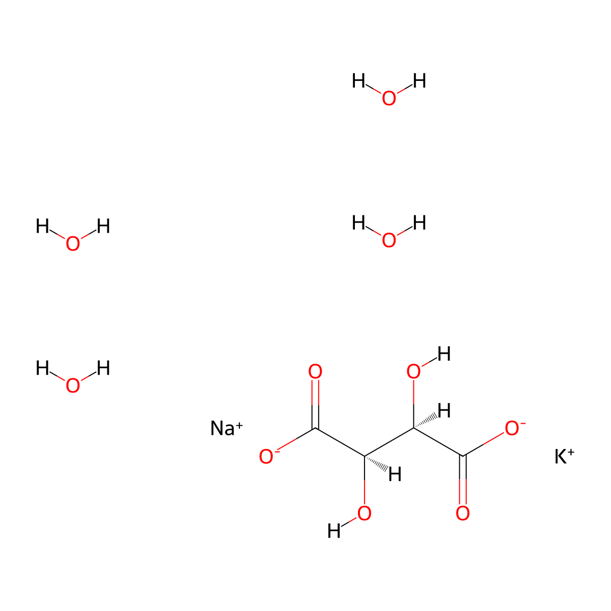 Potassium sodium tartrate tetrahydrate molecular structure, CAS 6100-16-9